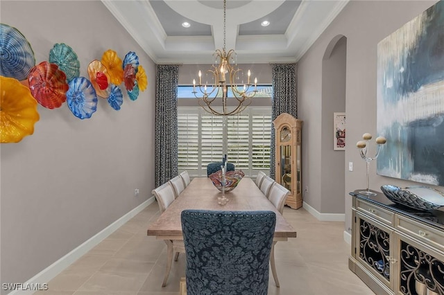 dining room featuring coffered ceiling, arched walkways, a notable chandelier, and crown molding