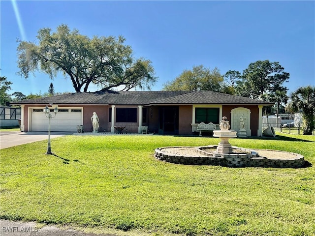 ranch-style house with a garage, driveway, a front yard, and stucco siding