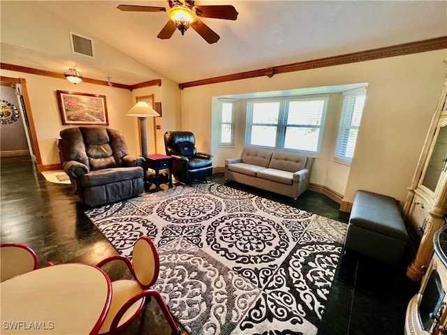 living room featuring lofted ceiling, wood finished floors, visible vents, baseboards, and crown molding