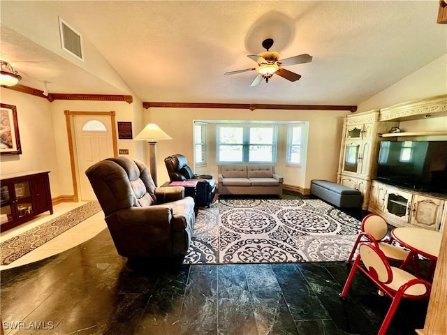 living room with lofted ceiling, baseboards, visible vents, and crown molding