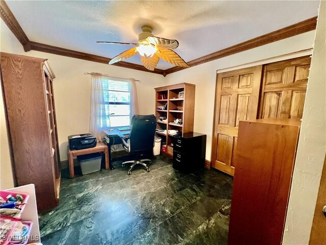 office space with a ceiling fan, crown molding, and baseboards