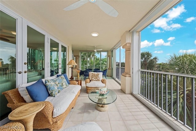 exterior space featuring ceiling fan