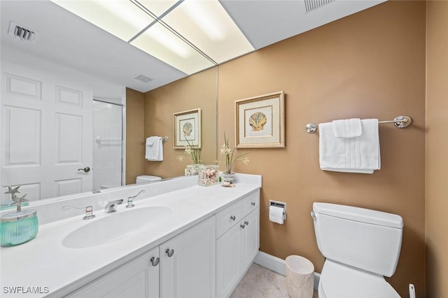 full bathroom with visible vents, walk in shower, baseboards, toilet, and vanity