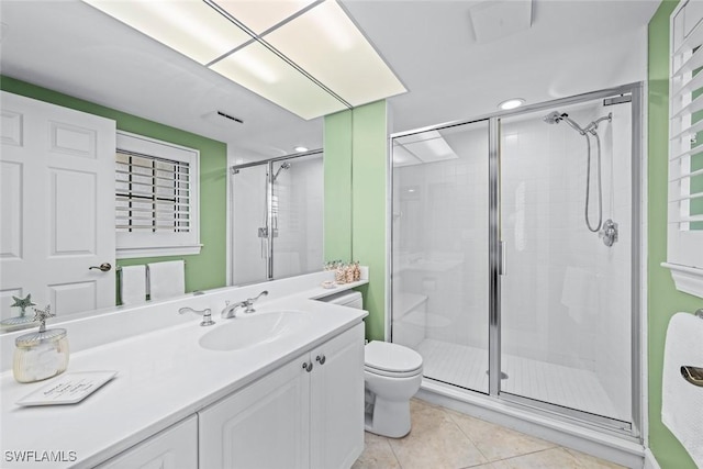 full bath featuring tile patterned flooring, a stall shower, toilet, and vanity