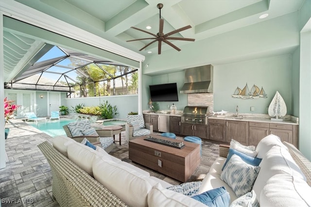 interior space with a sunroom, coffered ceiling, beamed ceiling, and recessed lighting