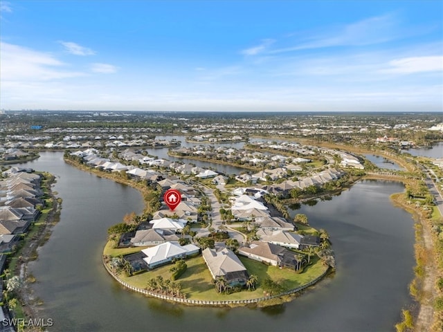 aerial view featuring a water view and a residential view