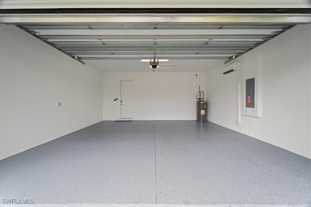 garage featuring electric panel, a garage door opener, a wall mounted air conditioner, and electric water heater