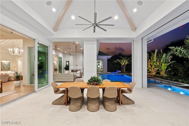 view of patio / terrace featuring outdoor dining area, ceiling fan, and an outdoor pool