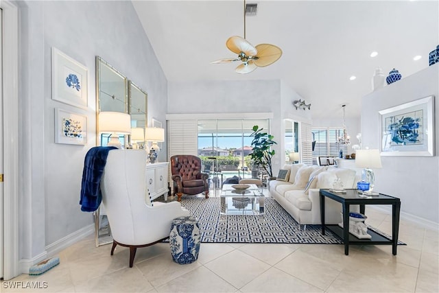 tiled living room featuring recessed lighting, visible vents, baseboards, and ceiling fan