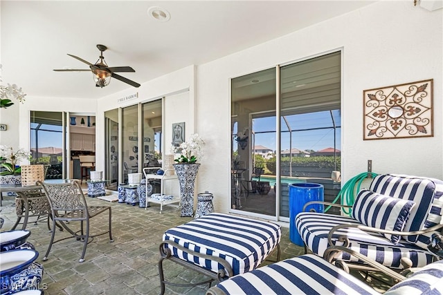 view of patio / terrace featuring visible vents, outdoor lounge area, and a ceiling fan