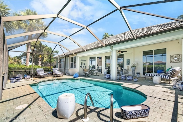 pool featuring a patio and ceiling fan