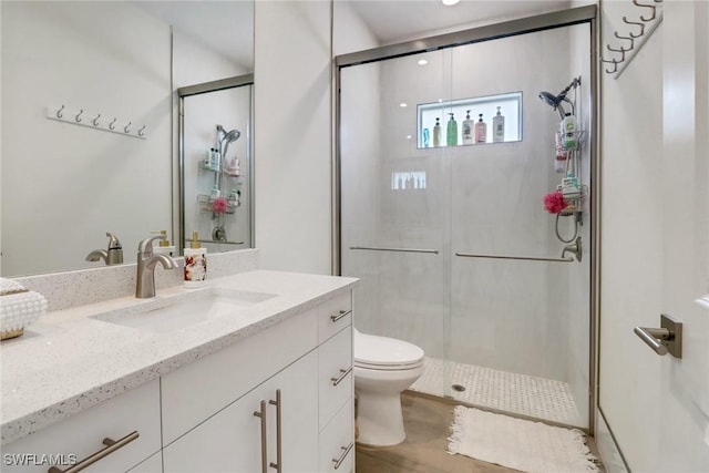 full bath with toilet, a stall shower, and vanity