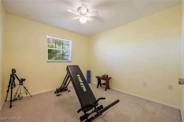 workout area featuring carpet, ceiling fan, and baseboards