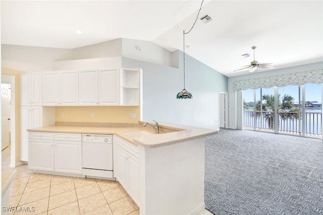 kitchen featuring open shelves, visible vents, white cabinetry, white dishwasher, and a sink