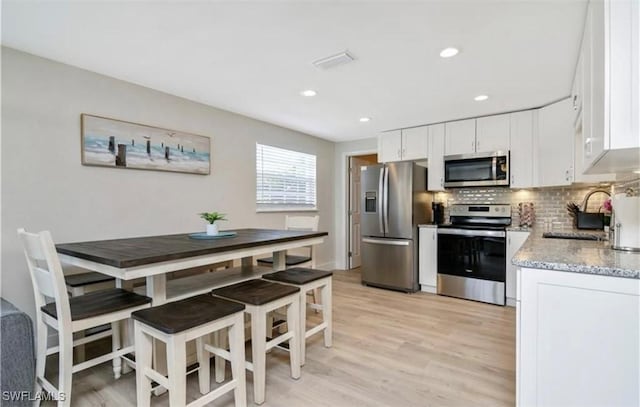 kitchen featuring stainless steel appliances, tasteful backsplash, visible vents, white cabinetry, and a sink