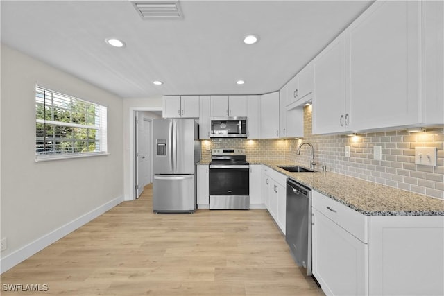 kitchen with visible vents, decorative backsplash, appliances with stainless steel finishes, white cabinets, and a sink