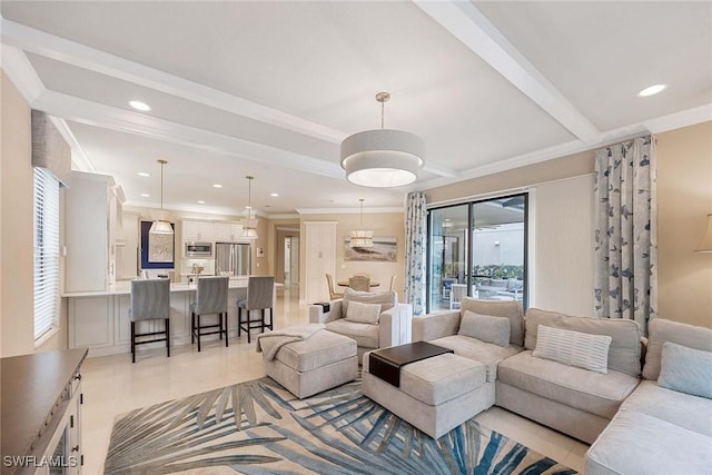 living area with light tile patterned floors, crown molding, beamed ceiling, and recessed lighting