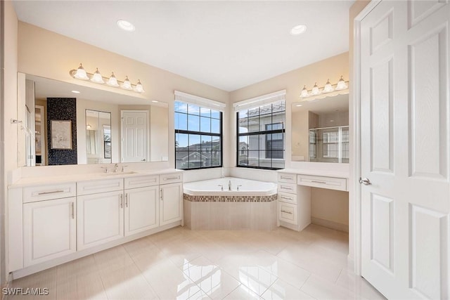 full bath featuring recessed lighting, a stall shower, vanity, tile patterned flooring, and a bath