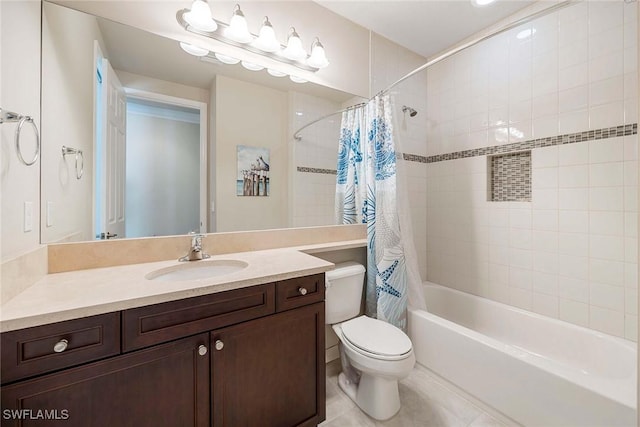 bathroom featuring toilet, tile patterned floors, shower / bath combo with shower curtain, and vanity