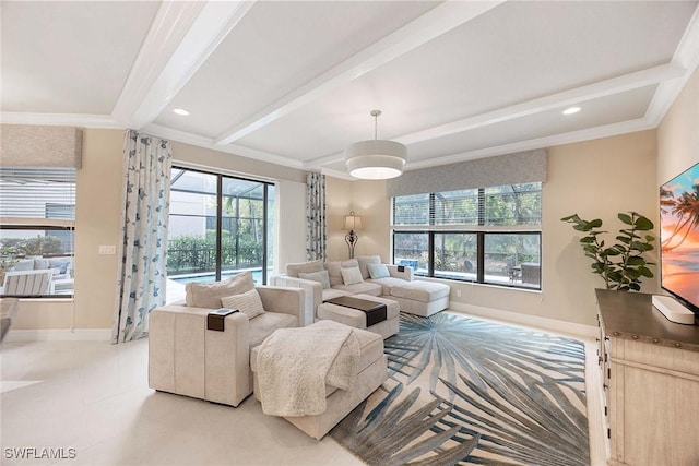 living room featuring ornamental molding, beamed ceiling, light tile patterned flooring, and baseboards