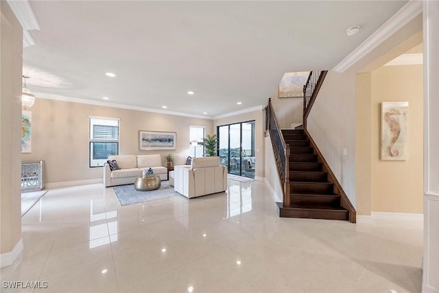 living room with light tile patterned floors, recessed lighting, stairway, ornamental molding, and baseboards