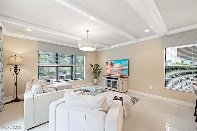 living room with light tile patterned floors, recessed lighting, baseboards, beam ceiling, and crown molding