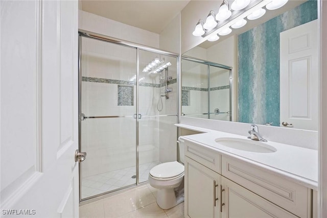 full bathroom with vanity, a stall shower, tile patterned flooring, and toilet