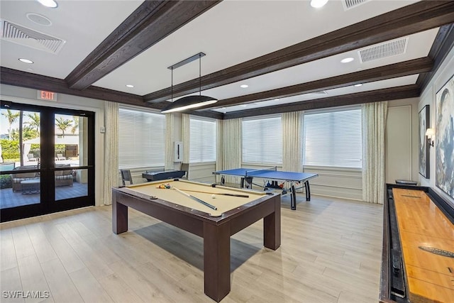 rec room featuring light wood finished floors, billiards, visible vents, french doors, and beam ceiling