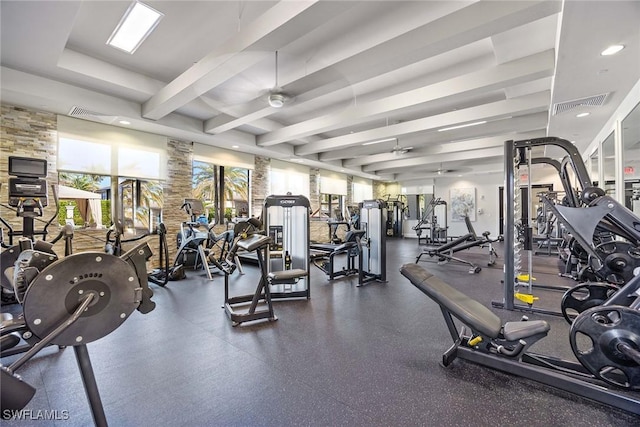 exercise room featuring visible vents and a ceiling fan