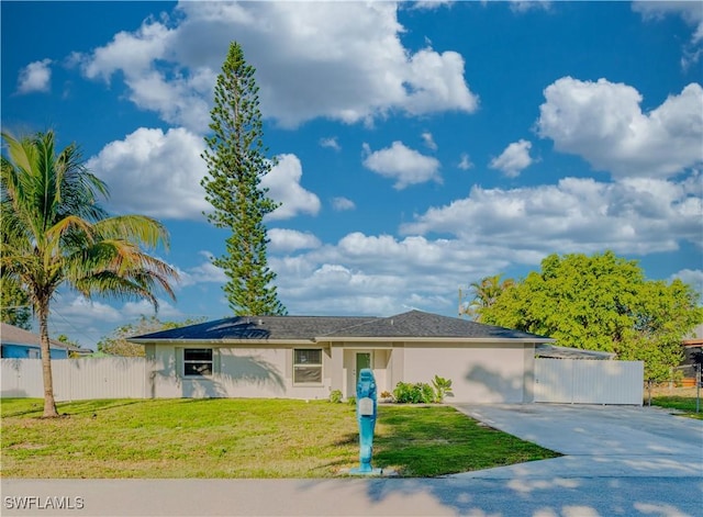 ranch-style home featuring a garage, fence, concrete driveway, stucco siding, and a front yard