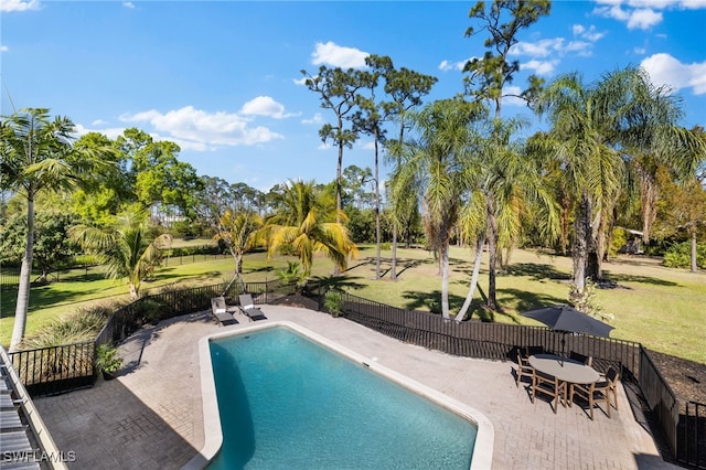 view of pool with a fenced in pool, a fenced backyard, and a patio area