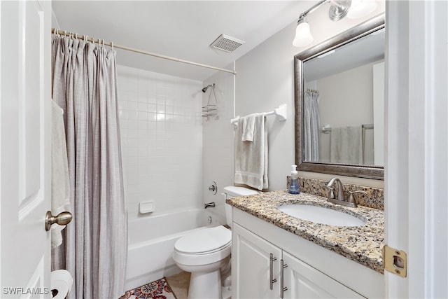 full bath featuring toilet, vanity, visible vents, and shower / tub combo with curtain