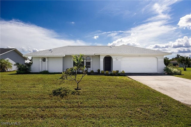 ranch-style house with a garage, driveway, and a front lawn