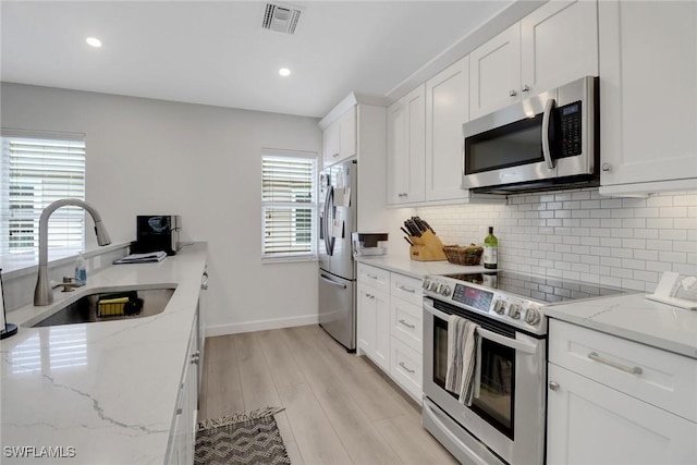 kitchen featuring tasteful backsplash, visible vents, appliances with stainless steel finishes, white cabinets, and a sink