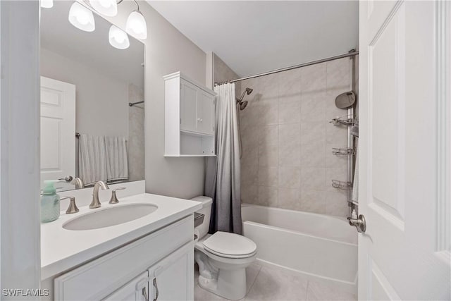 bathroom featuring tile patterned flooring, toilet, vanity, and shower / tub combo with curtain