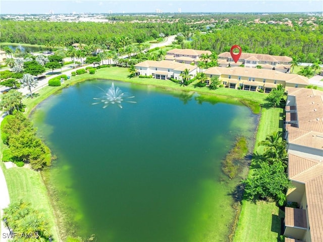 drone / aerial view with a water view and a view of trees