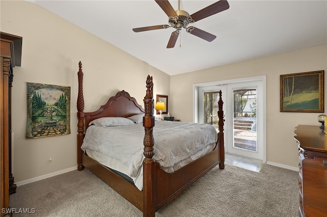 bedroom with access to outside, light carpet, and baseboards