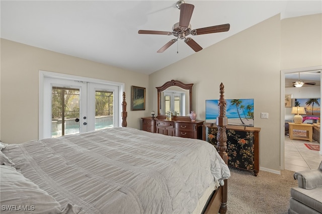 bedroom featuring light carpet, a ceiling fan, access to exterior, vaulted ceiling, and french doors