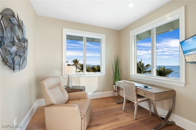 office space with recessed lighting, baseboards, a wealth of natural light, and light wood-style flooring