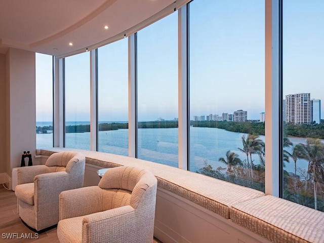 interior space featuring a wall of windows, plenty of natural light, a water view, and light wood finished floors