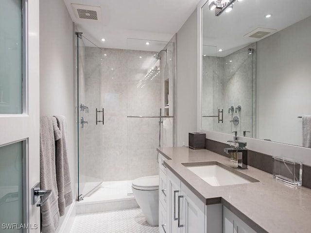 full bath with toilet, visible vents, and a stall shower