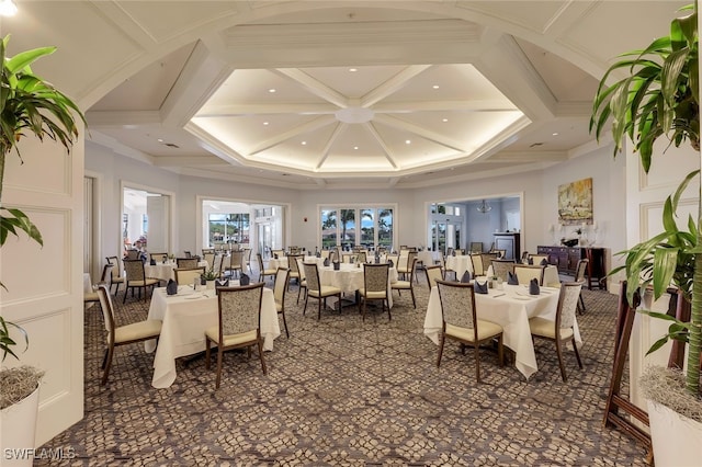 dining room featuring beamed ceiling, coffered ceiling, and recessed lighting