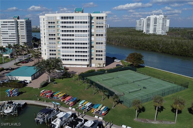 aerial view featuring a water view and a city view