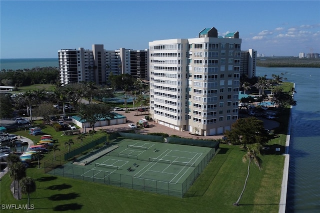 drone / aerial view with a water view and a city view