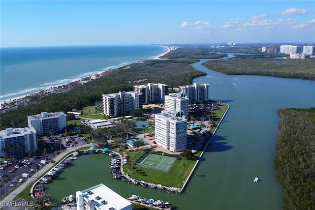 bird's eye view with a view of city and a water view