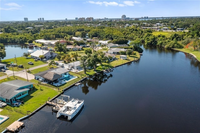 bird's eye view with a water view