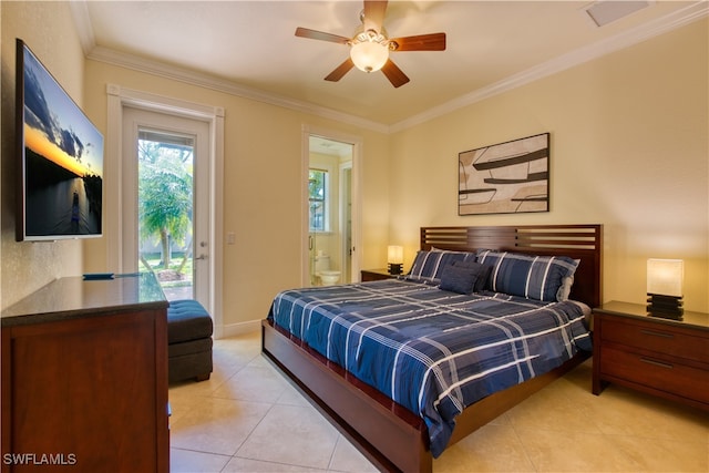 bedroom with ceiling fan, light tile patterned floors, access to exterior, ensuite bath, and crown molding