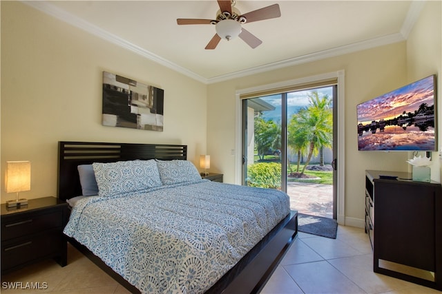 bedroom with access to outside, crown molding, baseboards, and light tile patterned floors