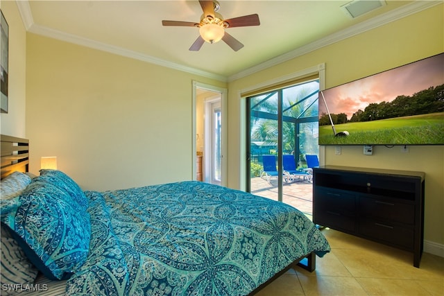 tiled bedroom with access to exterior, ceiling fan, visible vents, and crown molding