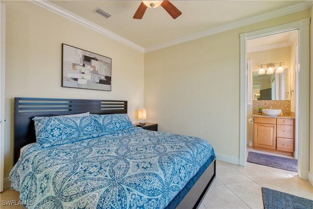 bedroom with light tile patterned floors, ornamental molding, visible vents, and baseboards